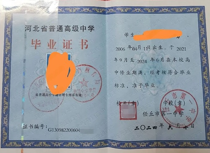 朝阳任丘市第一中学高中毕业证样本图片