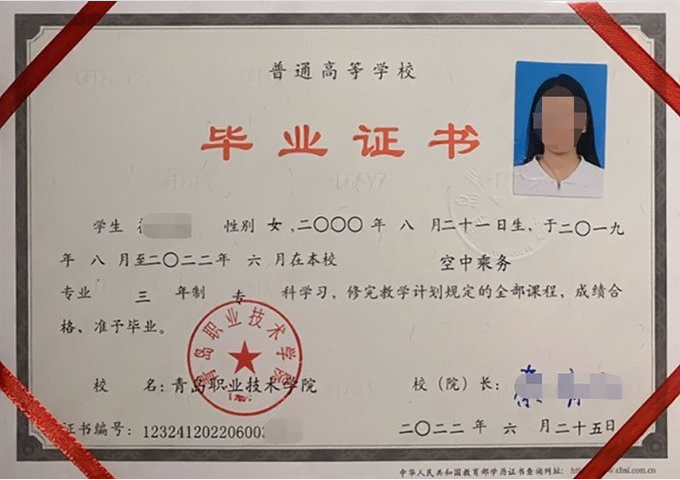 朝阳青岛职业技术学院毕业证样本图片